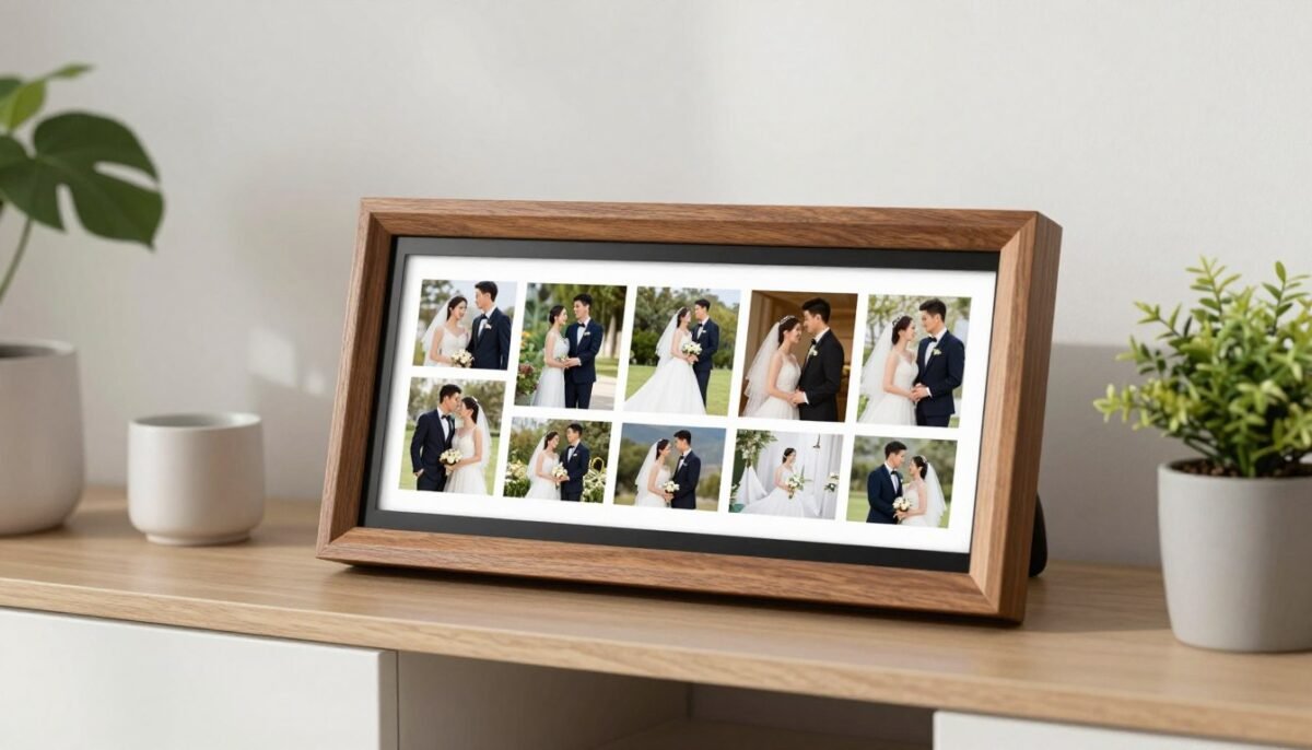 Modern digital photo frame displaying wedding photos on living room shelf