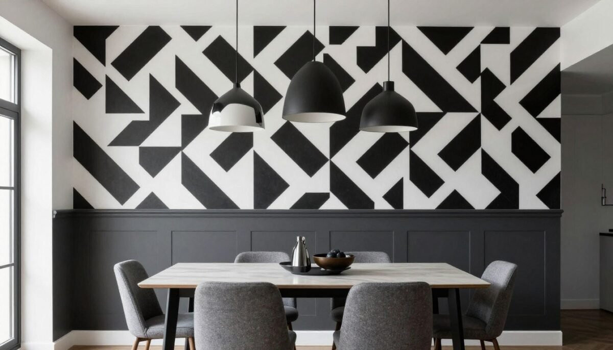 Modern dining area with geometric wallpaper and charcoal paint