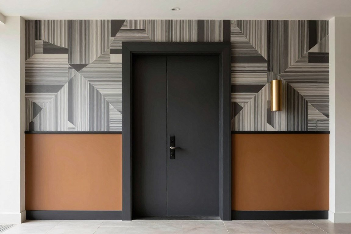 Modern entryway with geometric panel design and wallpaper