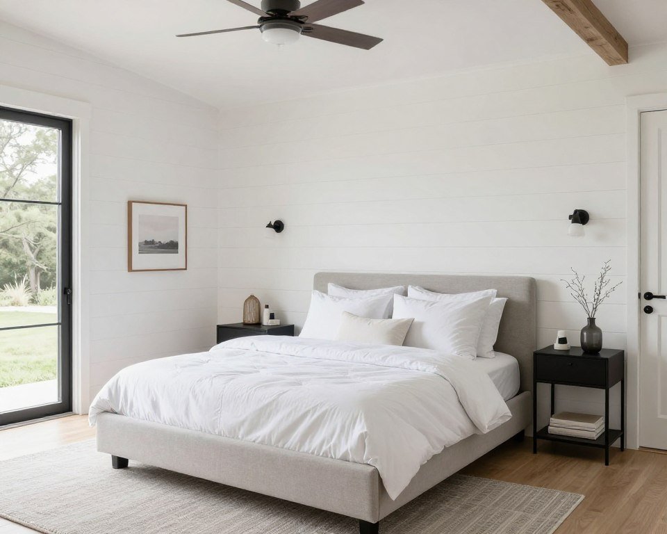Modern farmhouse bedroom in shed house