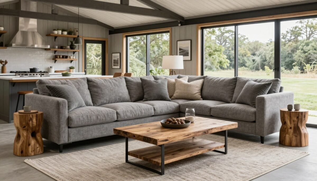 Modern farmhouse living room in 16x40 shed house