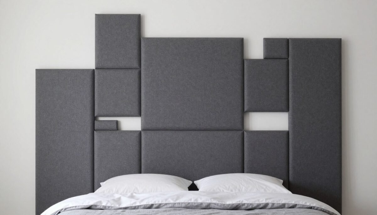Modern geometric acoustic panel DIY headboard arrangement in charcoal grey fabric creating sound dampening wall art