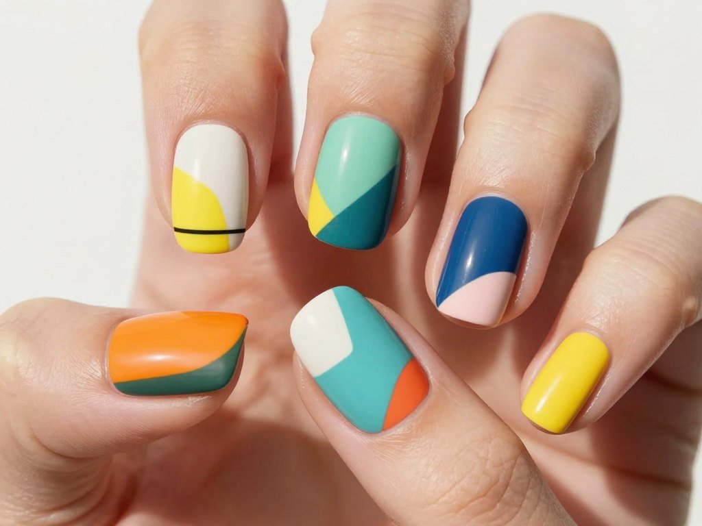 Modern geometric color block July nails with abstract design elements