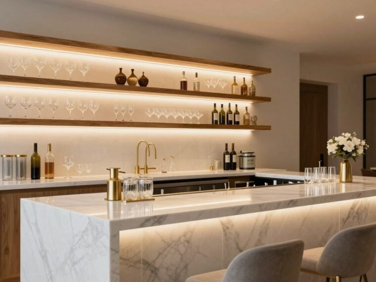 Modern home bar with white marble countertop and floating shelves displaying glassware