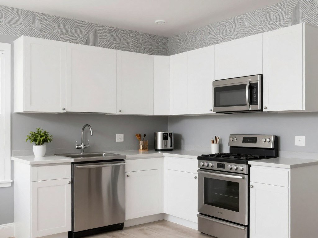 Modern kitchen with geometric wallpaper and gray paint