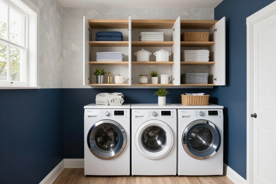 Modern laundry room with geometric wallpaper and navy paint
