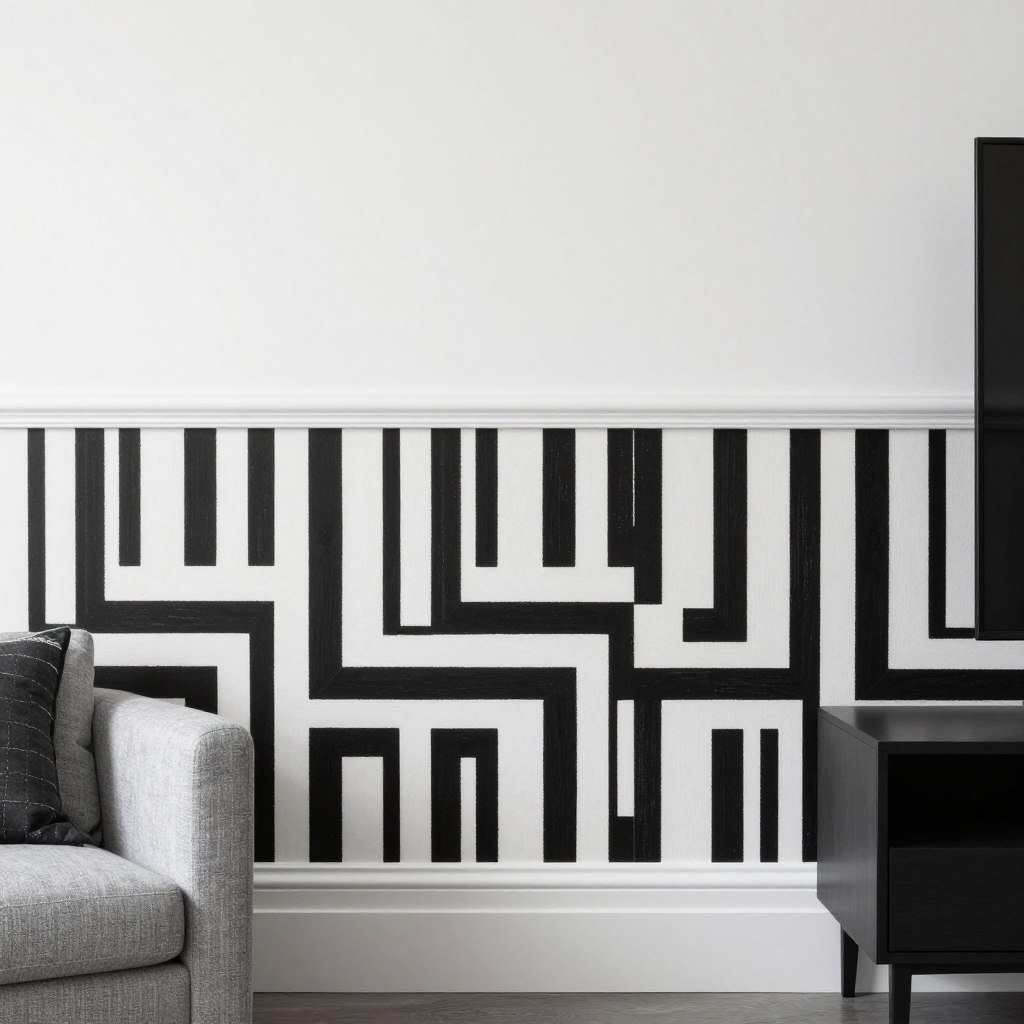 Modern living room detail showing bold geometric wallpaper on lower wall section