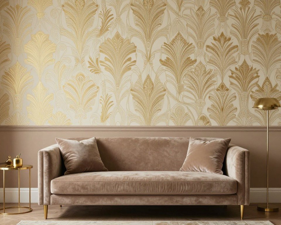 Modern living room showing art deco wallpaper with complementary taupe paint