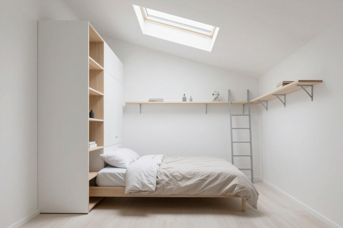 Modern minimalist loft interior in 16x40 shed house with vertical storage