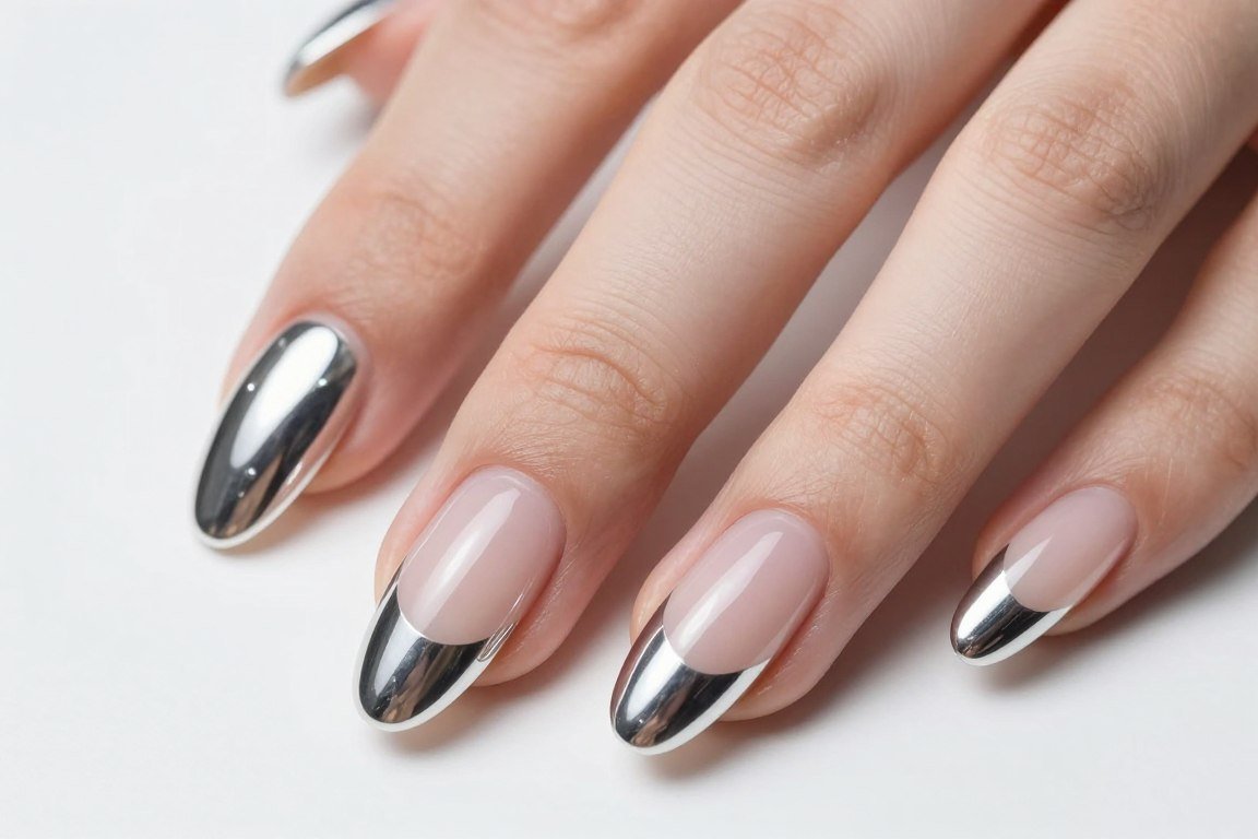Modern silver chrome French tips July manicure with reflective metallic finish