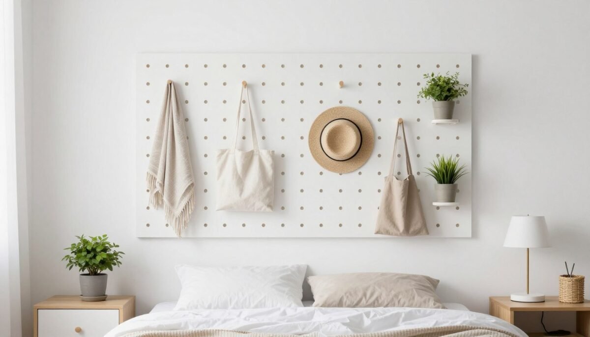 Modern white pegboard DIY headboard with hanging plants, reading light, and organized accessories in minimalist bedroom