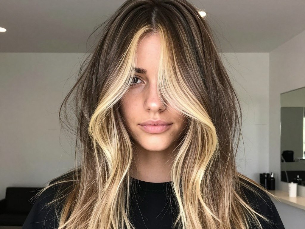 Money piece balayage showing bright blonde face-framing highlights on dark brown hair