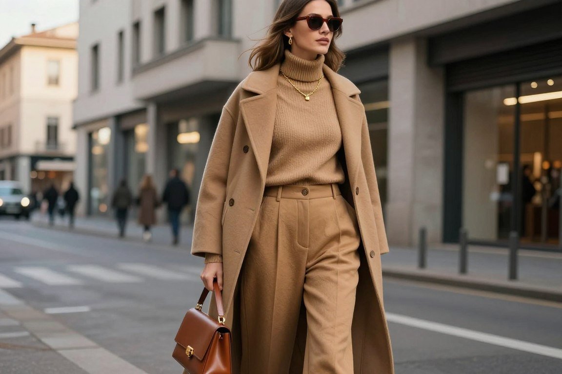 Monochromatic camel outfit with turtleneck and trousers