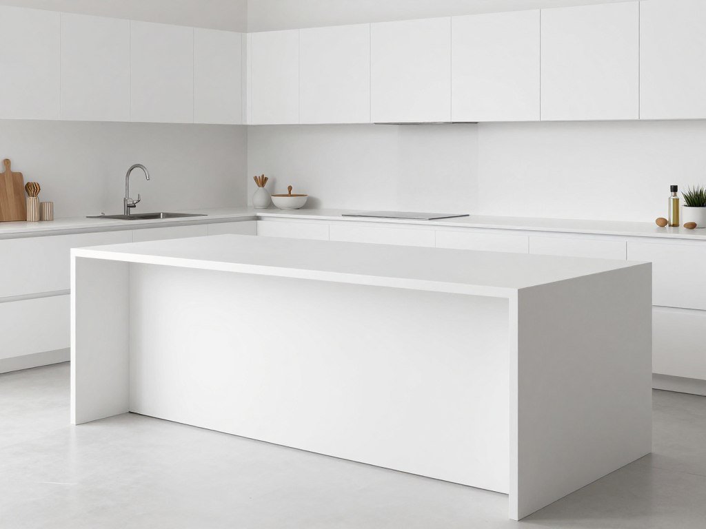 Monochromatic white slab kitchen island with waterfall edges