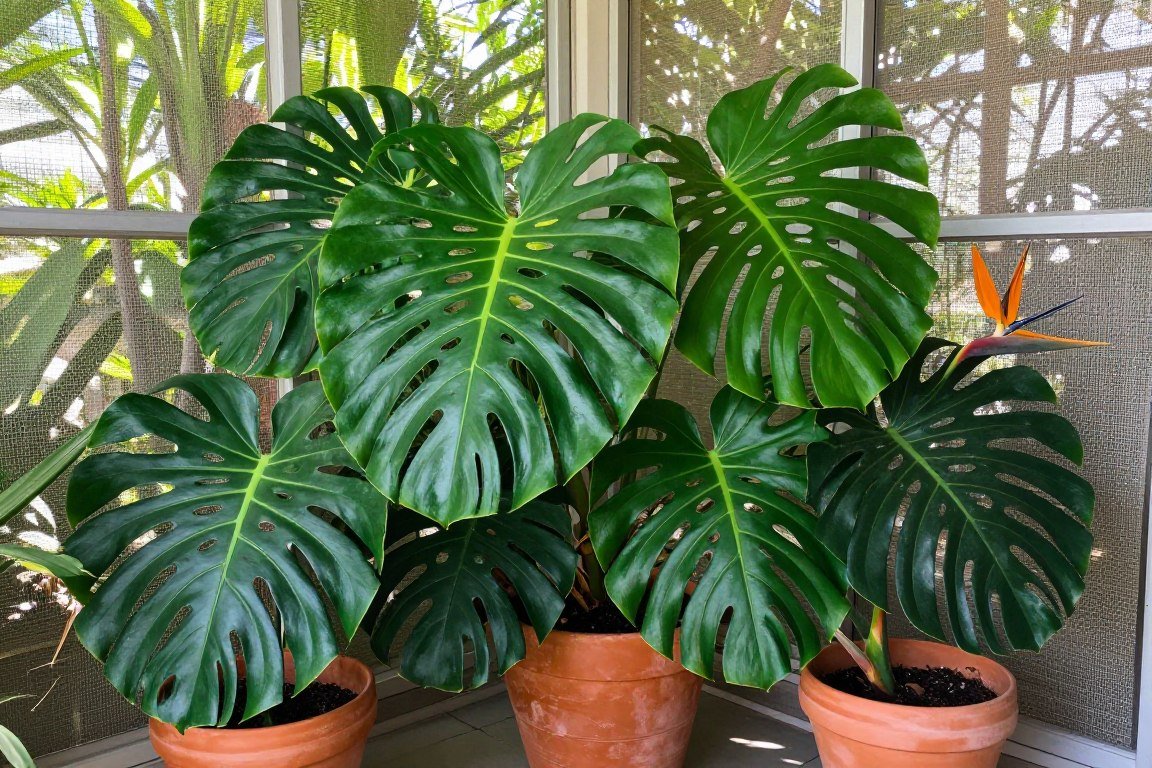 Monstera and bird of paradise plants on tropical lanai