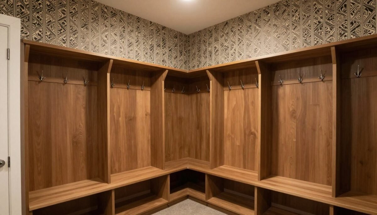 Mudroom with durable wallpaper and brown paint