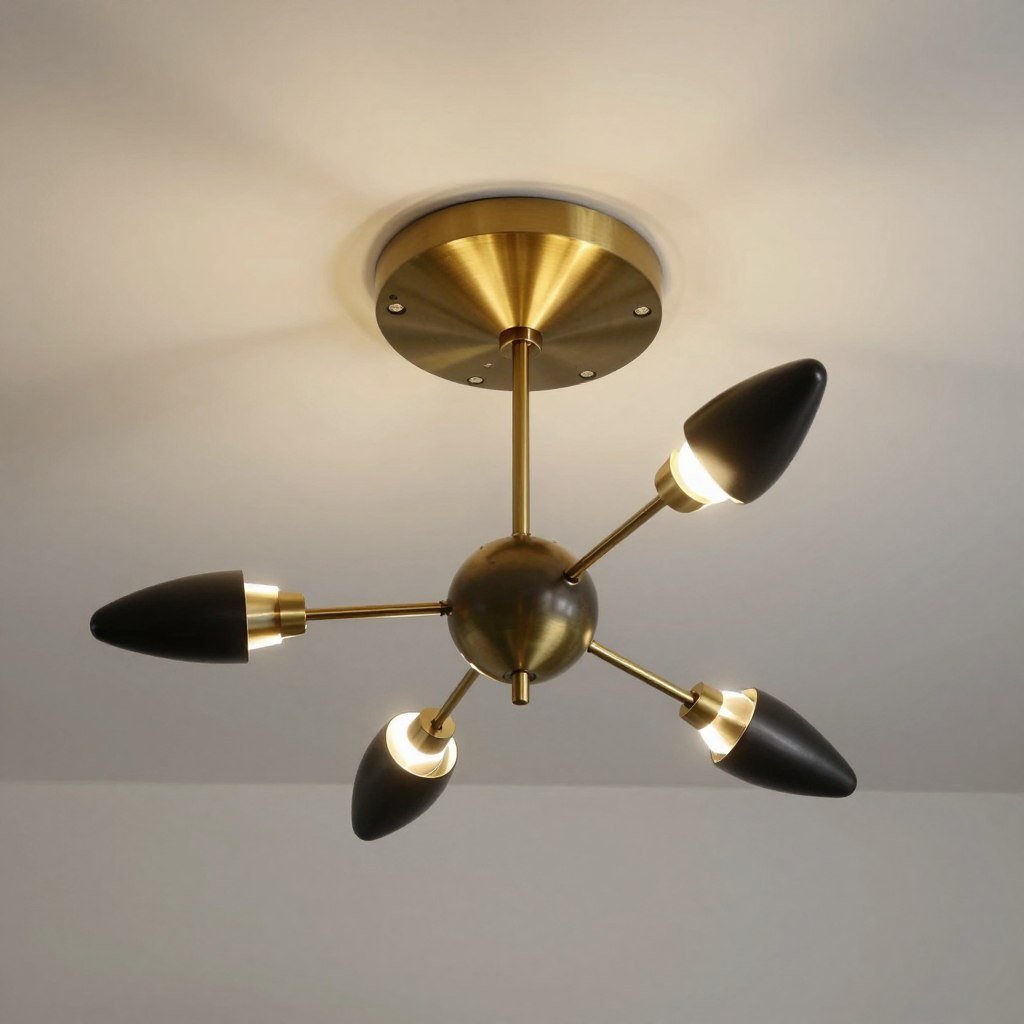 Multi-arm sputnik style flush mount with brass and black finish