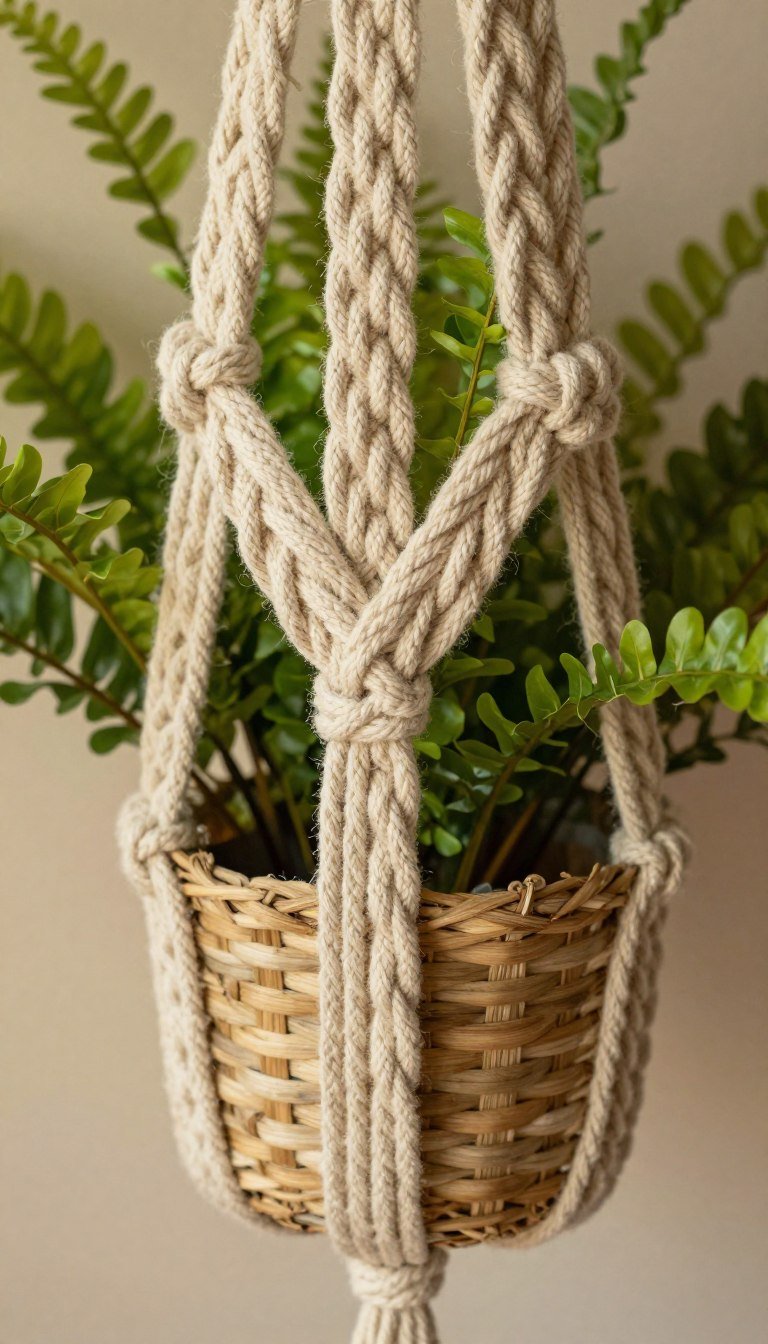 Multi-strand braided macrame plant hanger with rope-like texture