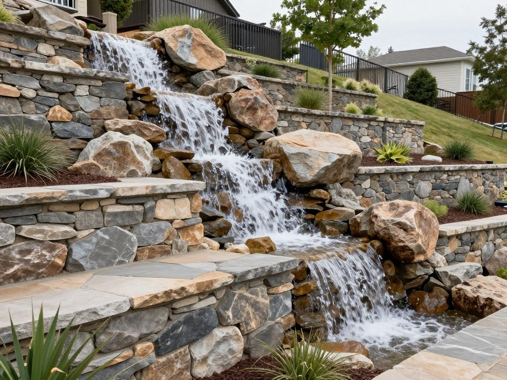 Multi-tiered dry creek bed with rock steps on slope