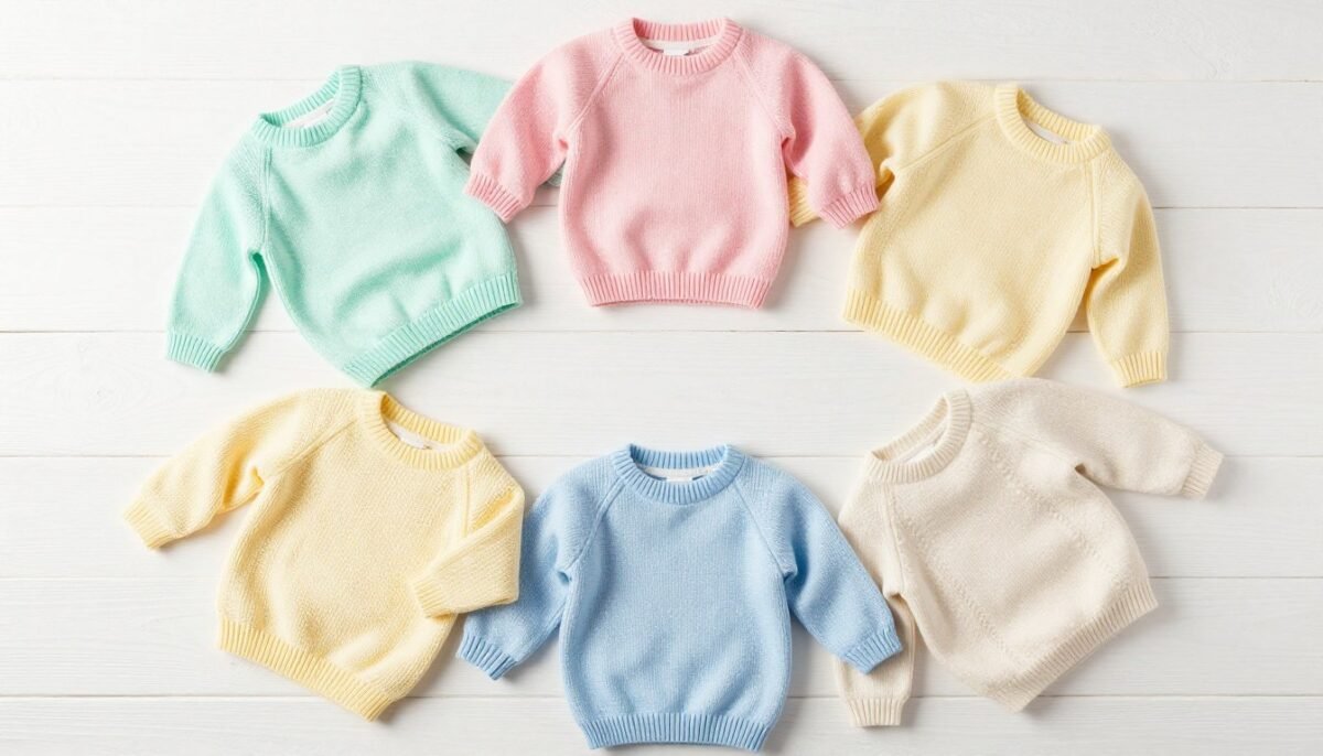 Multiple baby sweater variations in different colors