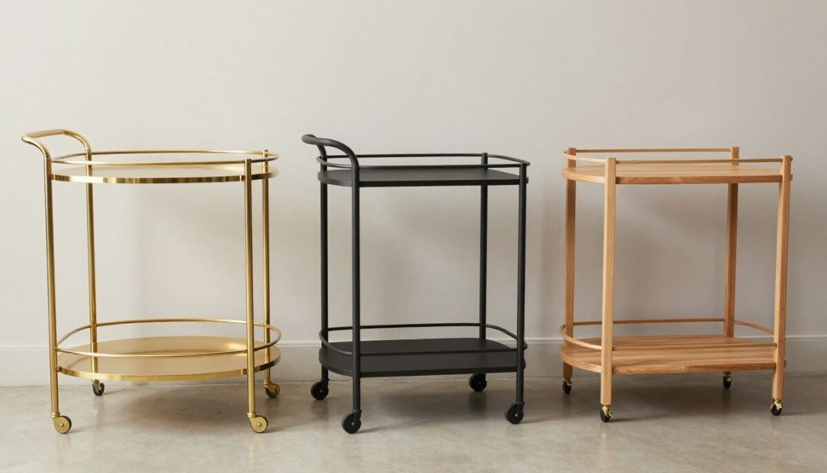 Multiple bar cart styles showing different materials and finishes
