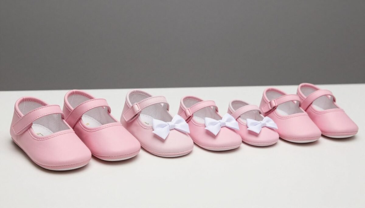 Multiple sizes of baby mary jane shoes showing size progression