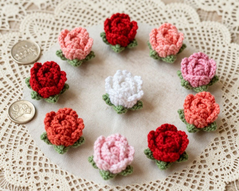 Multiple tiny rose buds in red, pink, and white arranged artistically