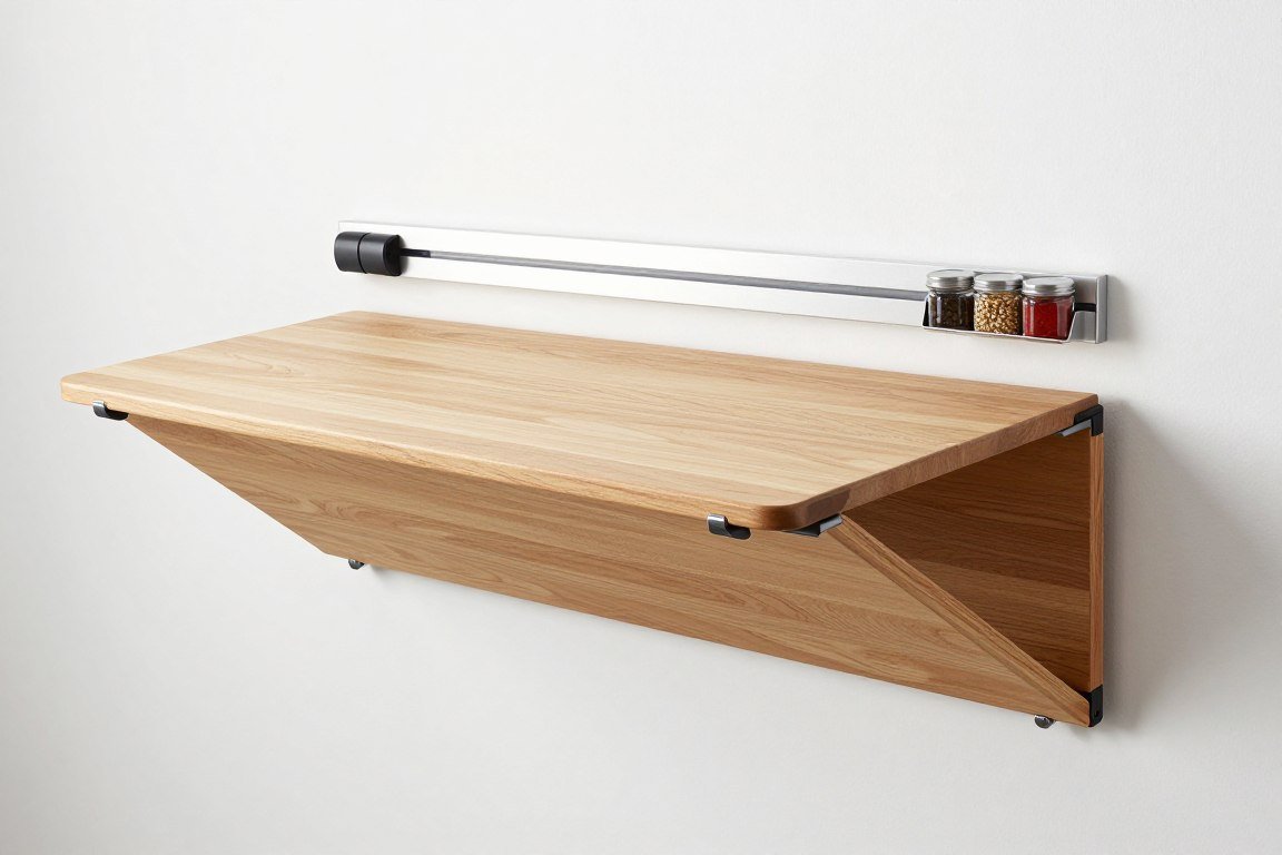 Murphy-style fold-down kitchen island against wall