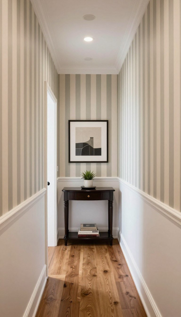 Narrow hallway with vertical stripe wallpaper and white paint creating height