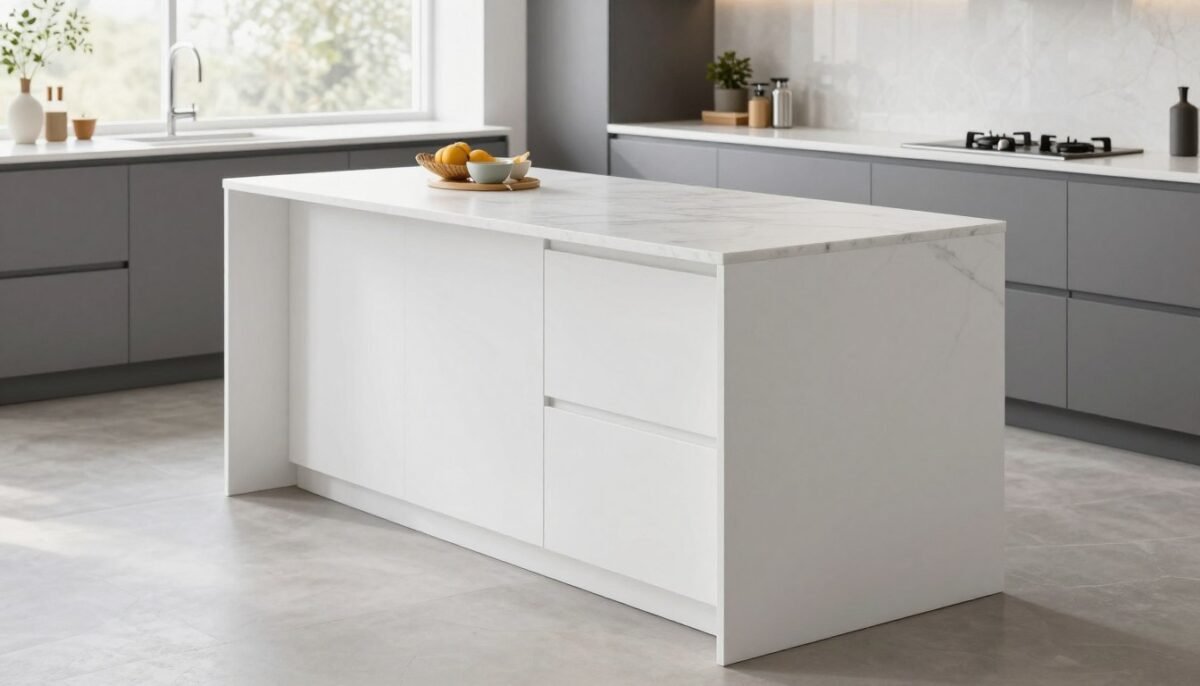 Narrow kitchen island in galley kitchen layout with white design