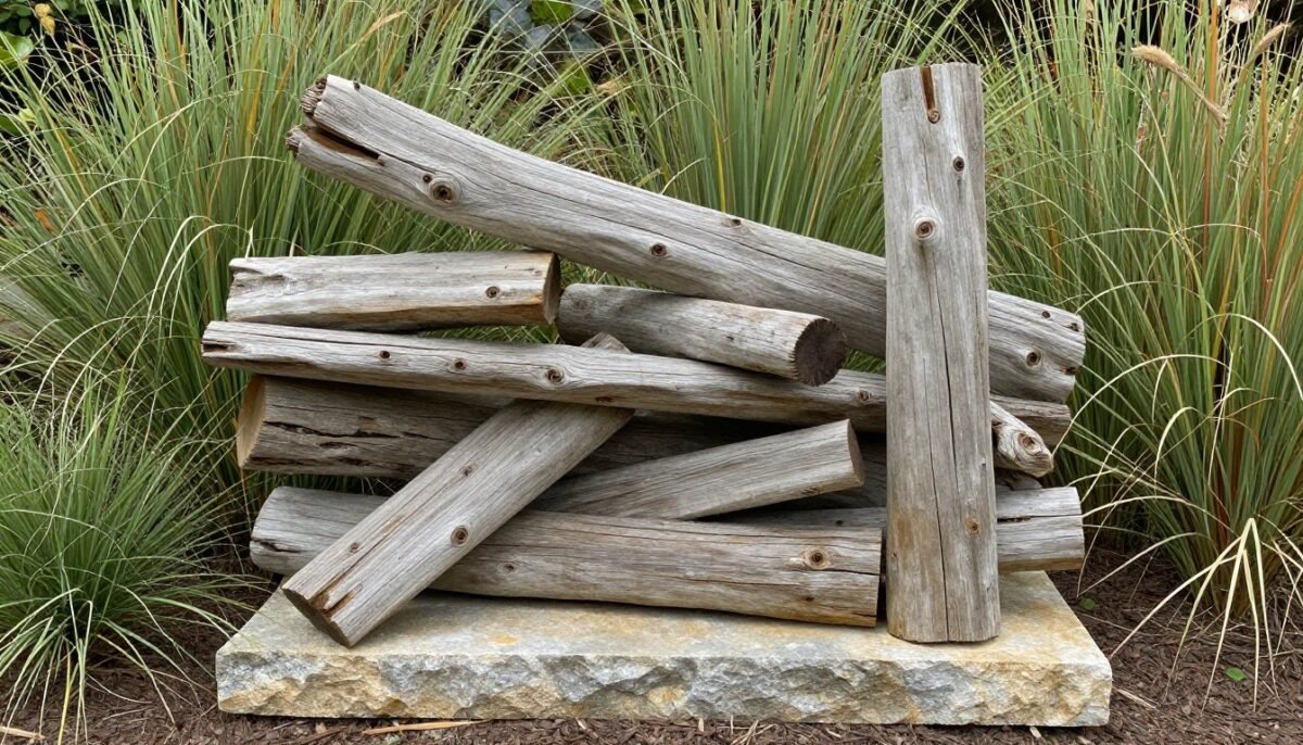 Natural driftwood arranged into artistic garden sculpture