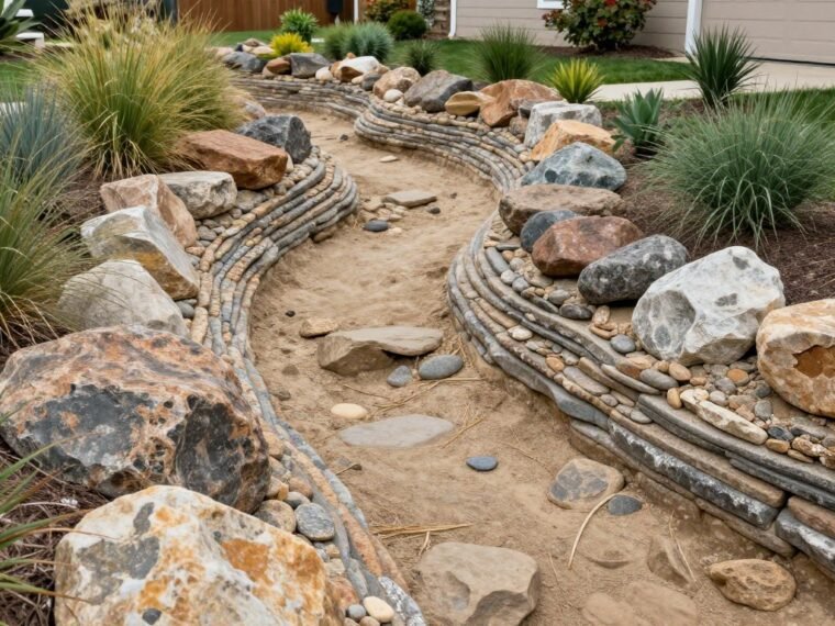 Natural dry creek bed showing layered rock placement for drainage