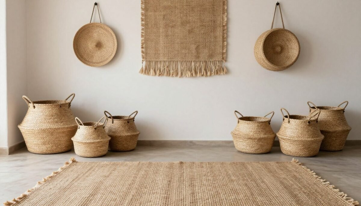 Natural fiber baskets and woven decor in Mexican home