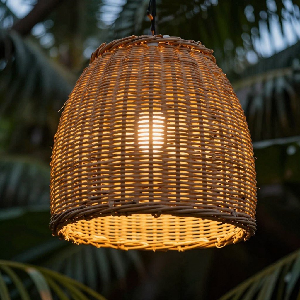 Natural fiber pendant light on tropical lanai