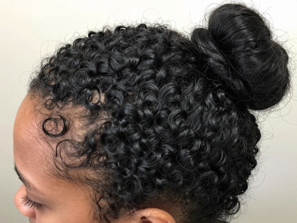 Natural texture top knot showing curls and volume for Black women