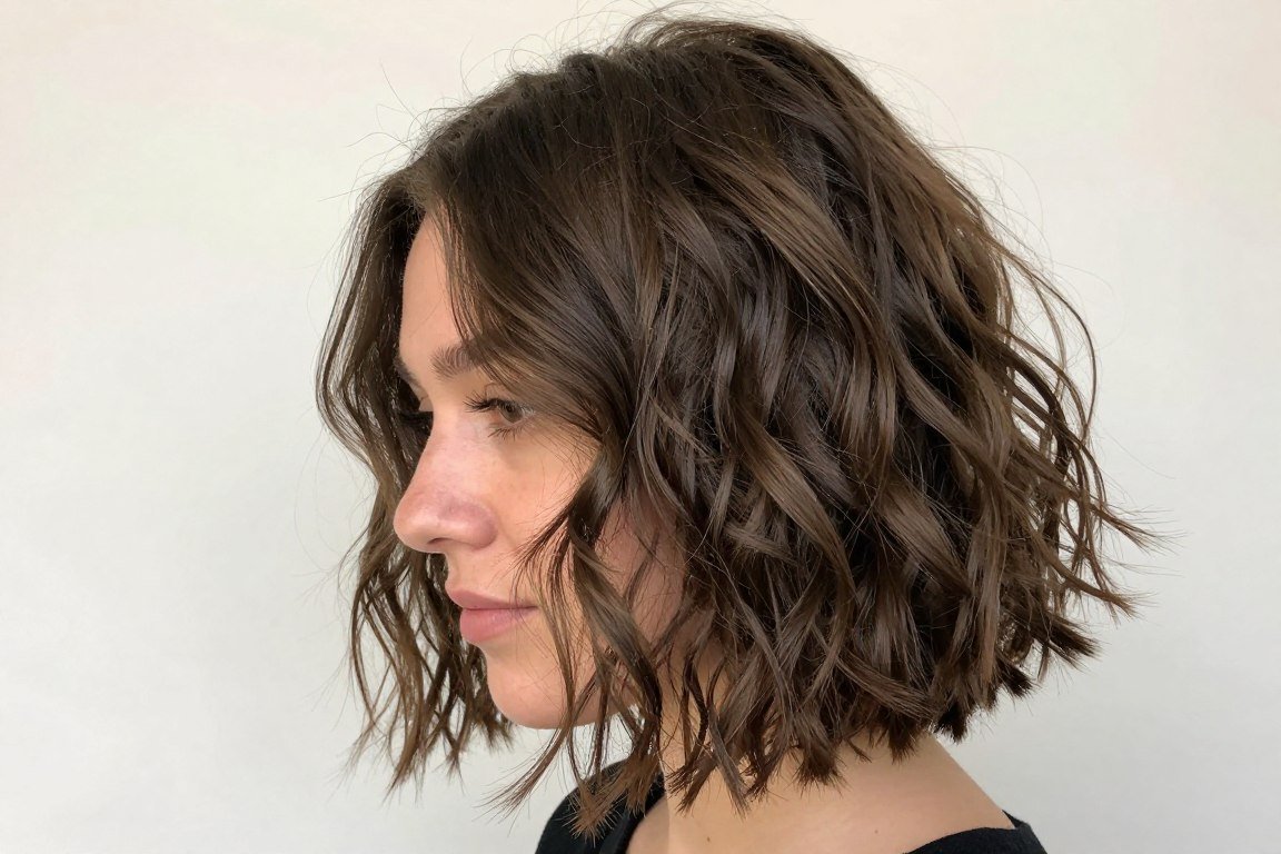 Natural wavy bob haircut for thin hair showing texture and movement