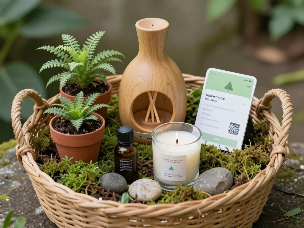 Nature-themed gift basket with plants and natural items