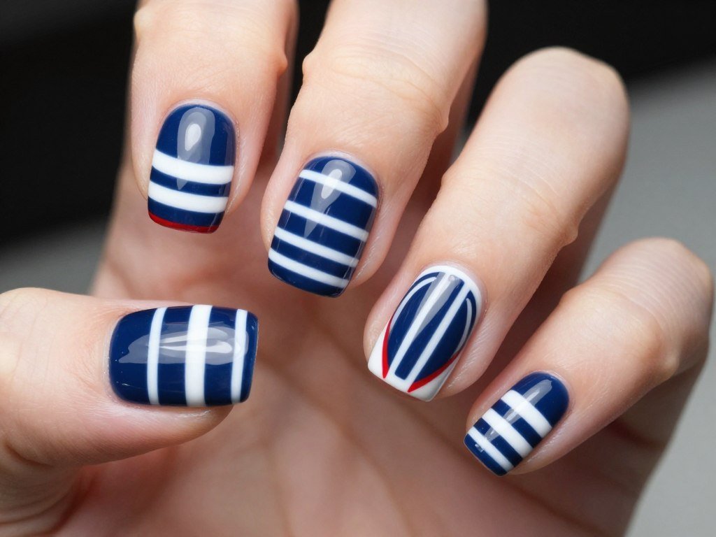 Nautical striped June nails with navy and white stripes
