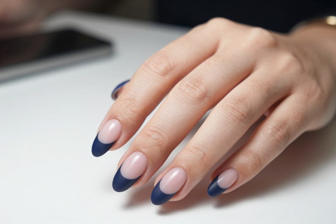 Navy blue French tips on short almond nails