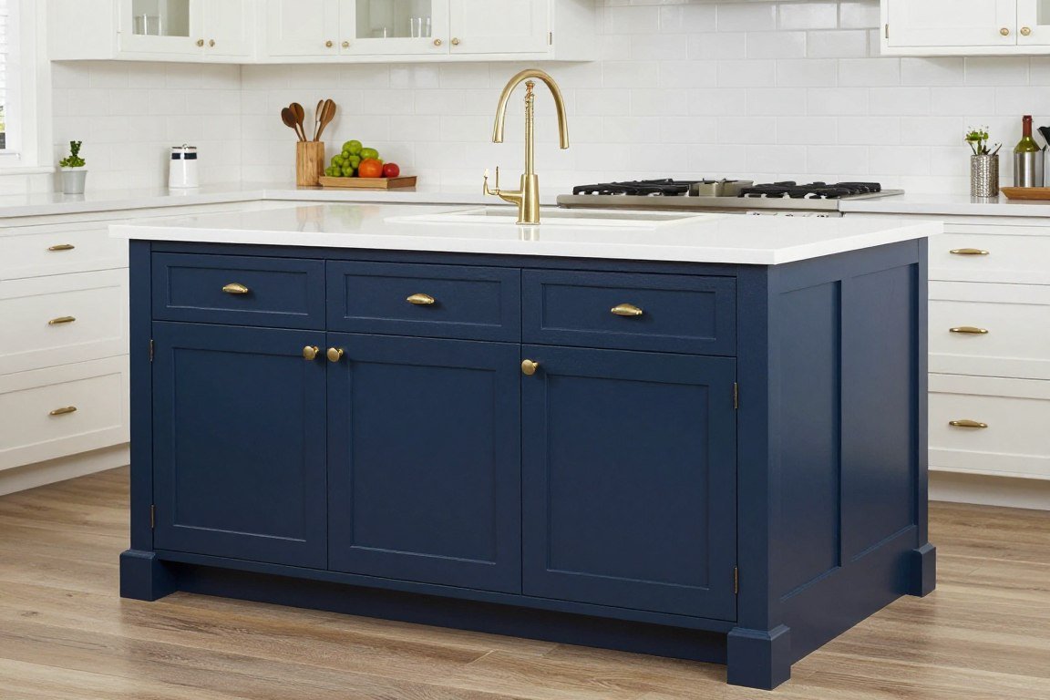 Navy blue kitchen island with brass hardware and white counters
