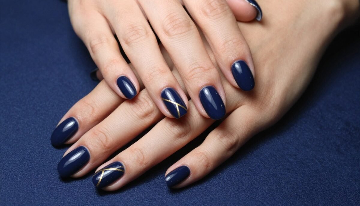 Navy blue nails with gold geometric accents Navy blue nails with gold geometric accents