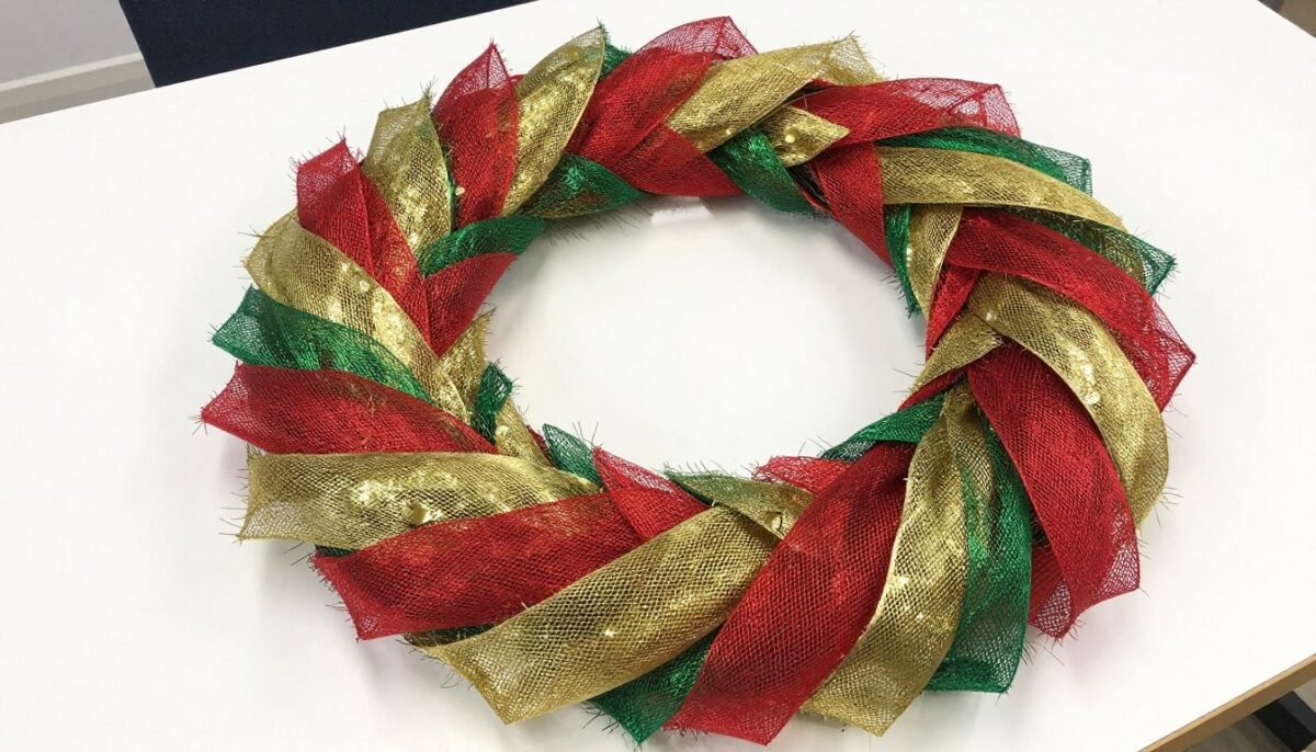 Nearly completed multicolor deco mesh wreath on work table