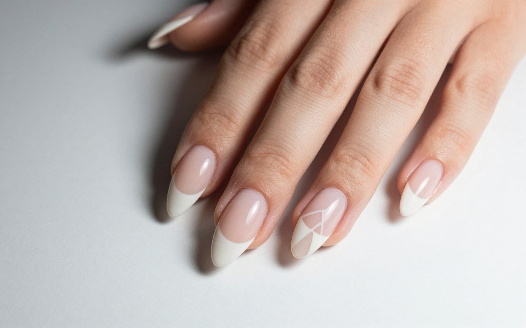 Negative space French tip design on almond nails
