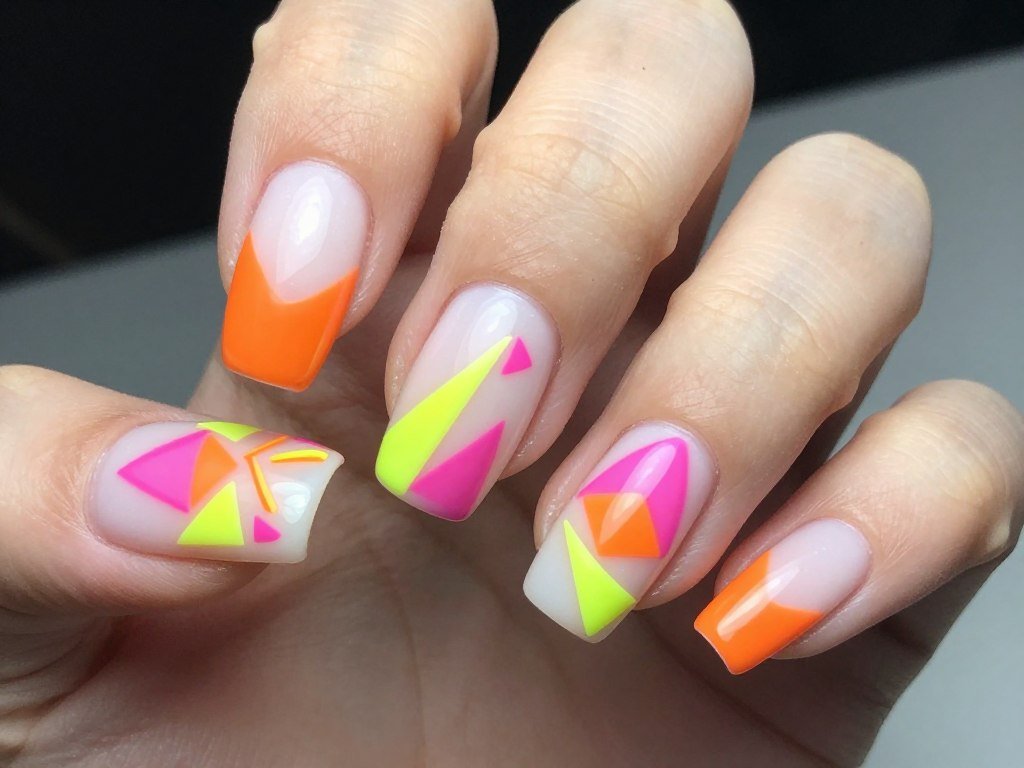 Neon geometric shapes on white nails