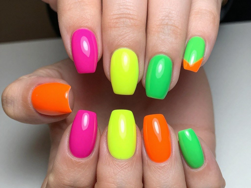 Neon summer bright June nails with fluorescent colors