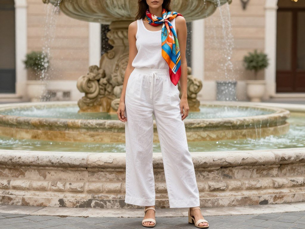 Neutral outfit with colorful silk scarf styling