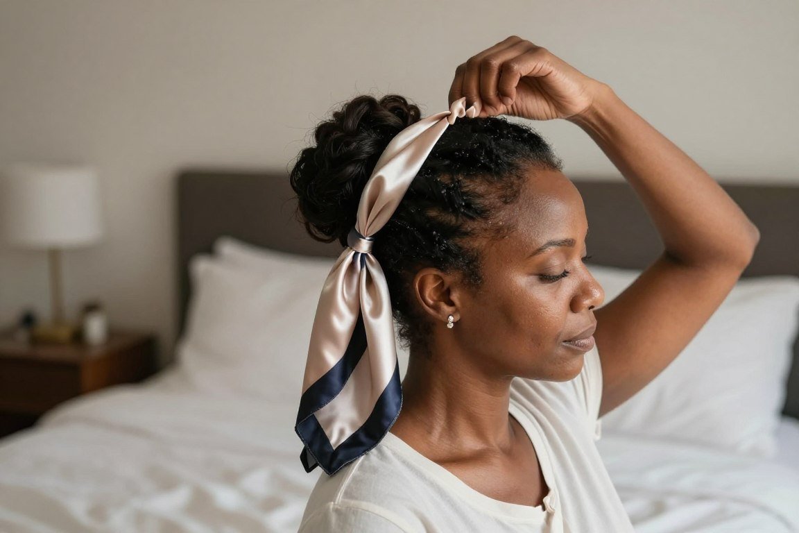 Nighttime hair care for preserving elegant updos with satin scarf