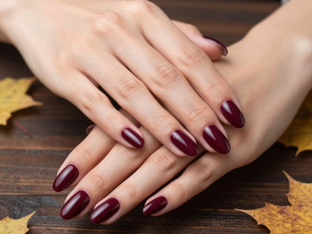 November nail art with classic burgundy polish in glossy finish