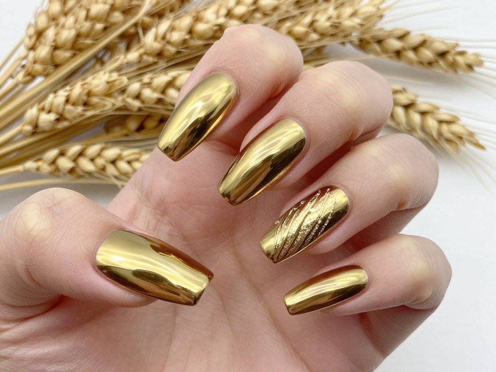 November nail art with harvest gold chrome effect