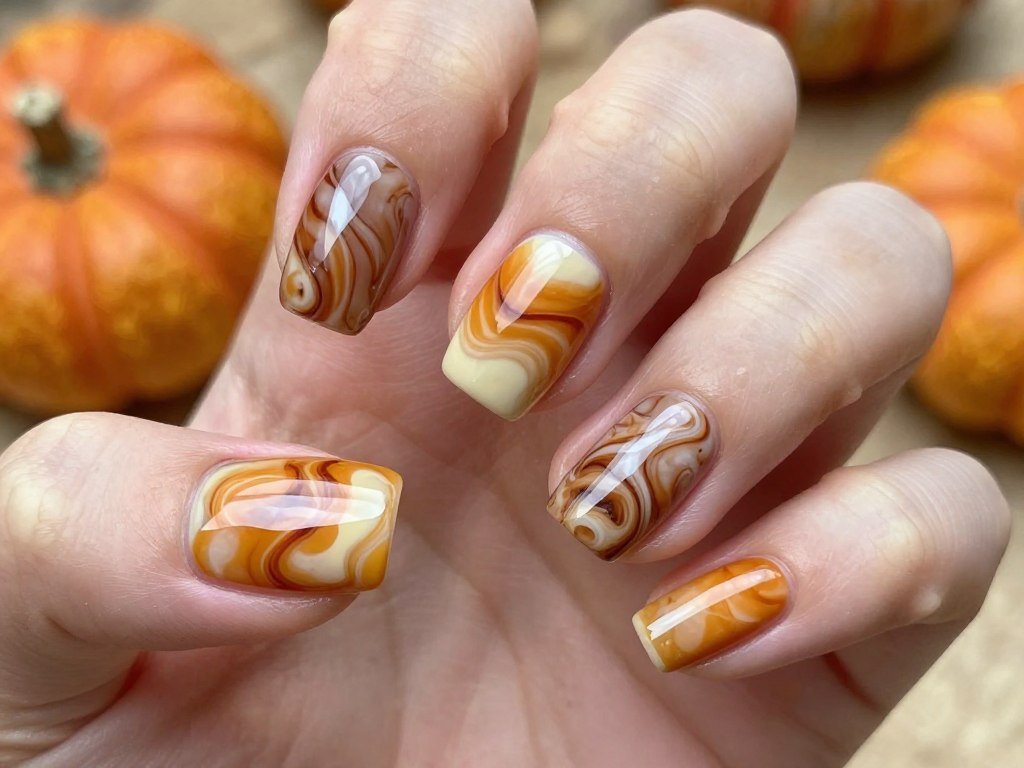 November nail art with pumpkin spice marble design